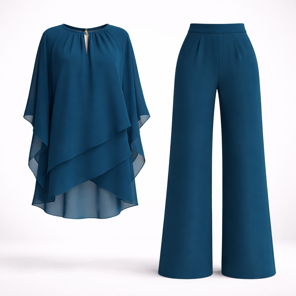 Mirren - Women's Draped Chiffon Top and Wide-Leg Pants Set - Blue