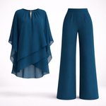 Mirren - Women's Draped Chiffon Top and Wide-Leg Pants Set - Blue