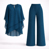 Mirren - Women's Draped Chiffon Top and Wide-Leg Pants Set - Blue