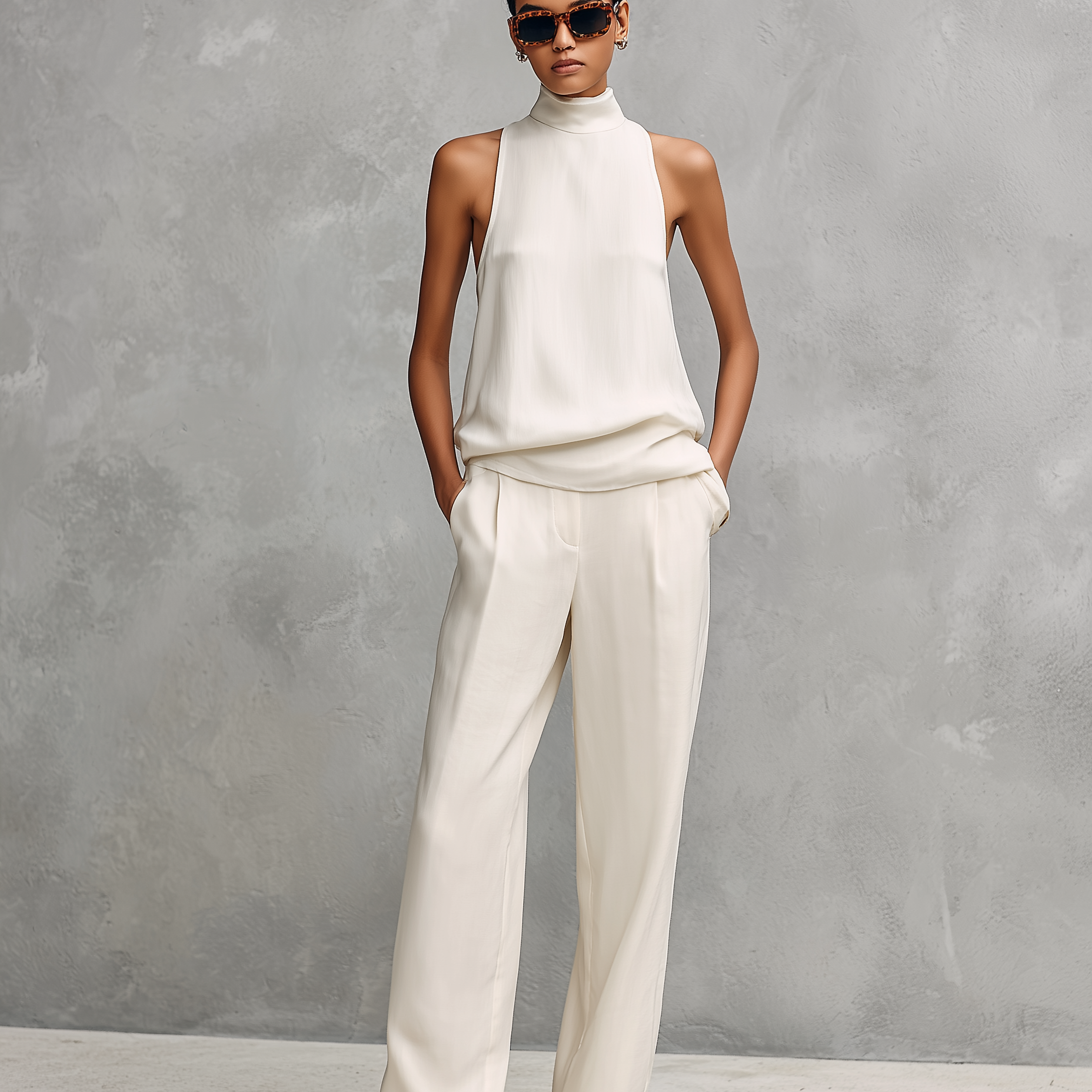 Women's Sleeveless Set | Elegant Round-Neck Top and Trousers Two-Piece
