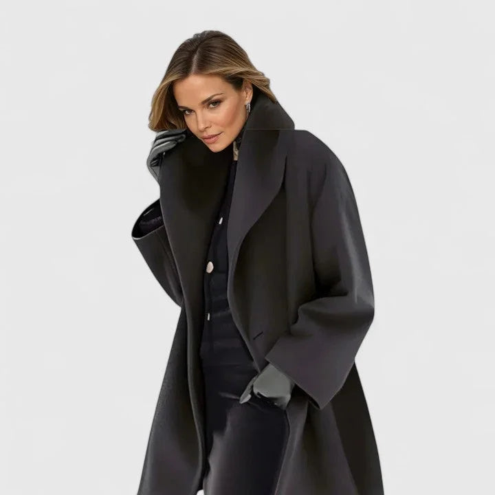 Morwenna - Women's Shawl Collar Button-Front Wool Coat - Black