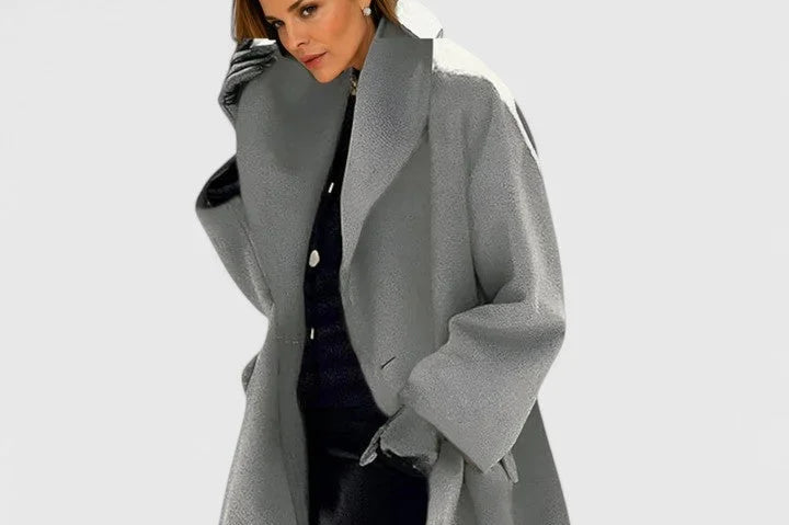 Morwenna - Women's Shawl Collar Button-Front Wool Coat - Grey