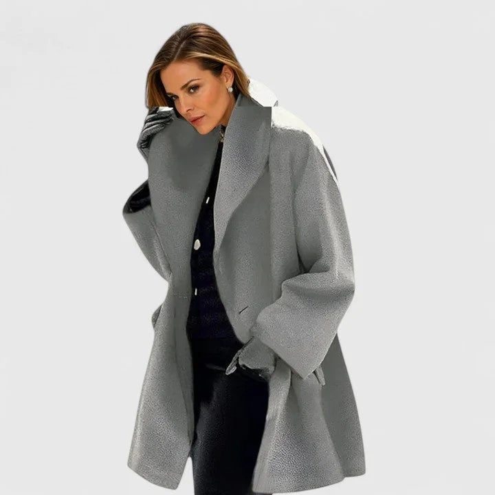 Morwenna - Women's Shawl Collar Button-Front Wool Coat - Grey