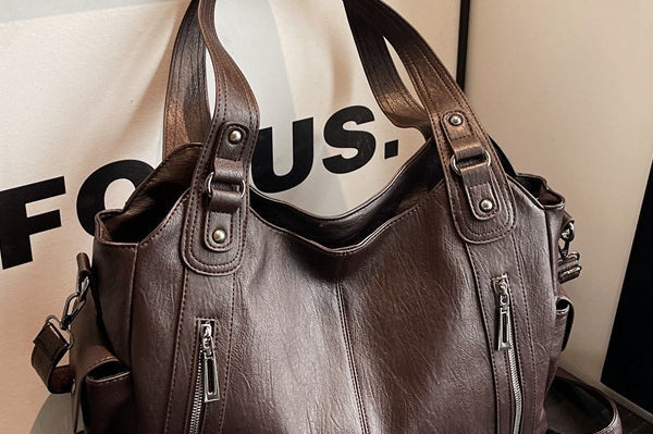 Nanna - Women's Zip-Up Leather Hobo Bag - Coffee
