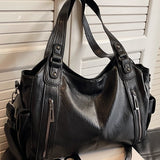 Nanna - Women's Zip-Up Leather Hobo Bag - Black