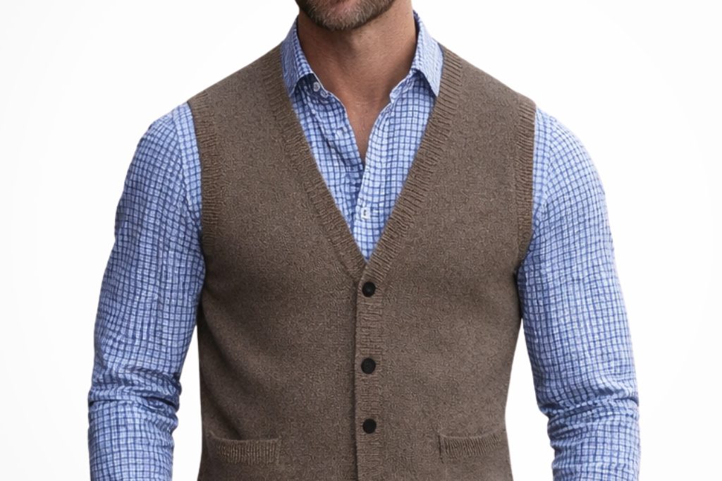 Nathaniel - Men's V-Neck Button Front Knit Waistcoat - Brown