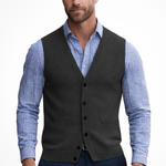 Nathaniel - Men's V-Neck Button Front Knit Waistcoat - Dark Grey