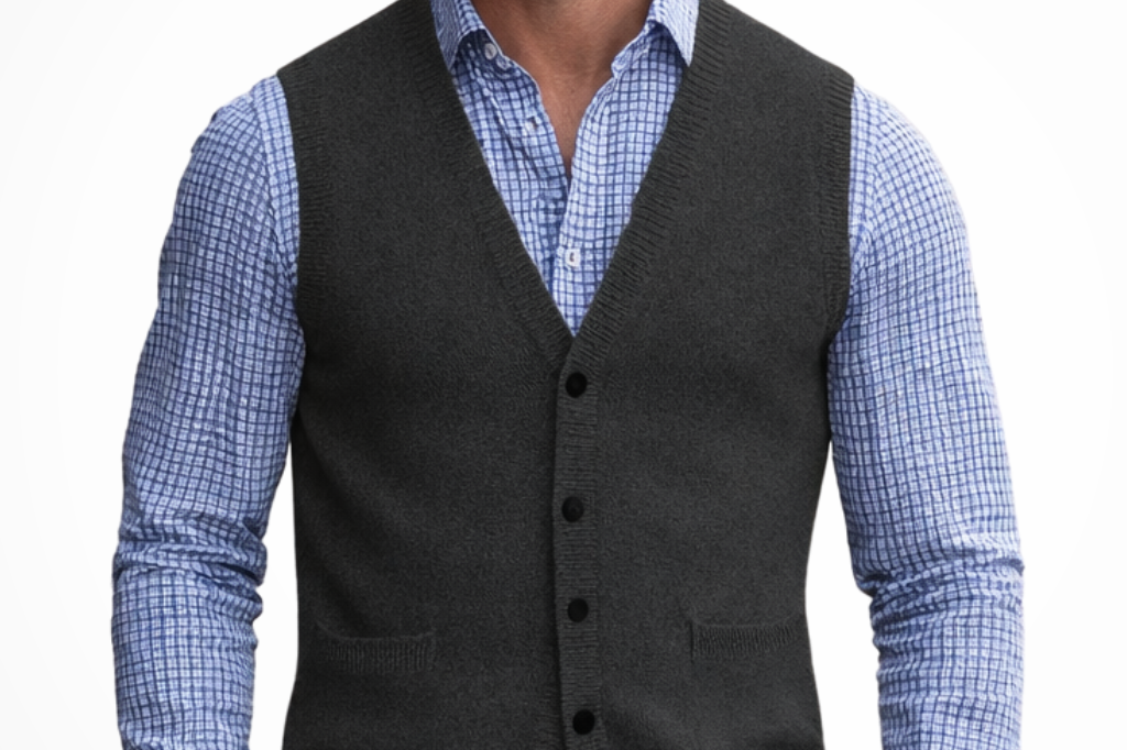 Nathaniel - Men's V-Neck Button Front Knit Waistcoat - Dark Grey