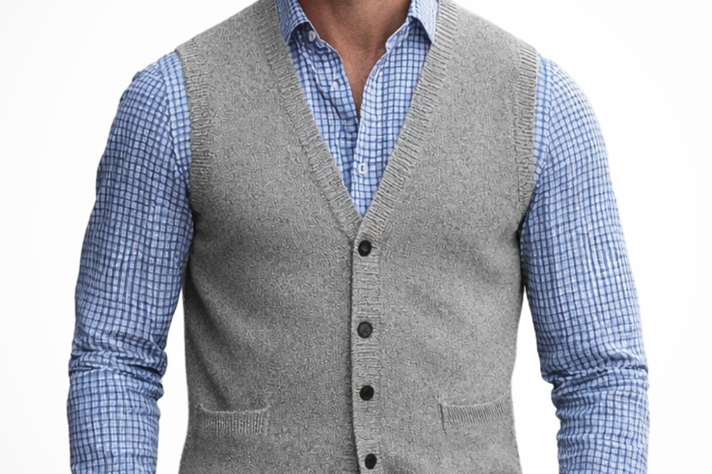 Nathaniel - Men's V-Neck Button Front Knit Waistcoat - Light Grey