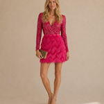 Neve - Women's Long Sleeve Sequin Wrap Cocktail Dress with Ruffles - Pink