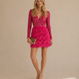 Neve - Women's Long Sleeve Sequin Wrap Cocktail Dress with Ruffles - Pink