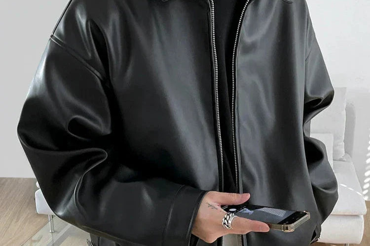 Niall - Men's Oversized Leather Bomber Jacket - Black