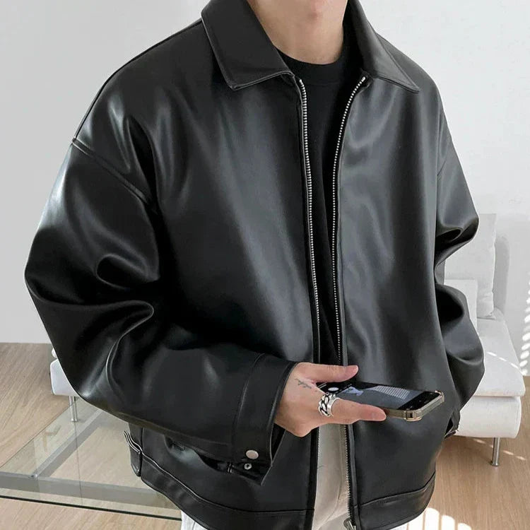 Niall - Men's Oversized Leather Bomber Jacket - Black