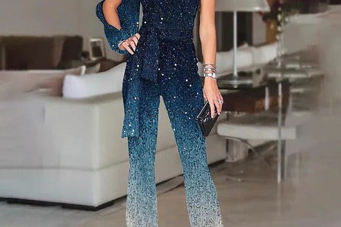 Niamh - Women's One-Shoulder Ombre Sequin Wide-Leg Jumpsuit