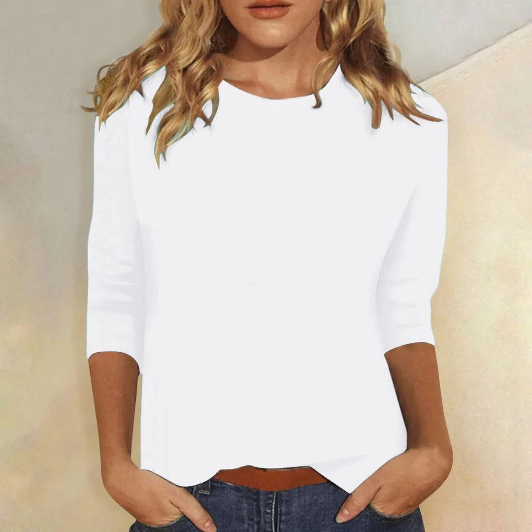 Niamhe - Women's Crew Neck Three-Quarter Sleeve Top - White