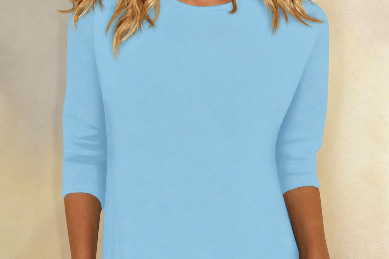 Niamhe - Women's Crew Neck Three-Quarter Sleeve Top - Light Blue