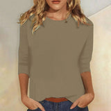 Niamhe - Women's Crew Neck Three-Quarter Sleeve Top - Khaki
