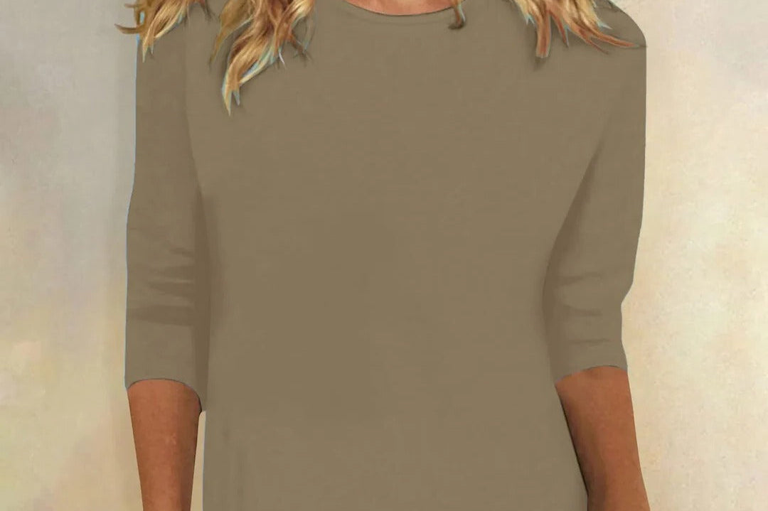 Niamhe - Women's Crew Neck Three-Quarter Sleeve Top - Khaki