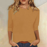 Niamhe - Women's Crew Neck Three-Quarter Sleeve Top - Brown