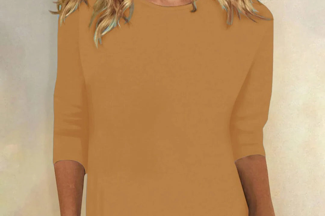 Niamhe - Women's Crew Neck Three-Quarter Sleeve Top - Brown