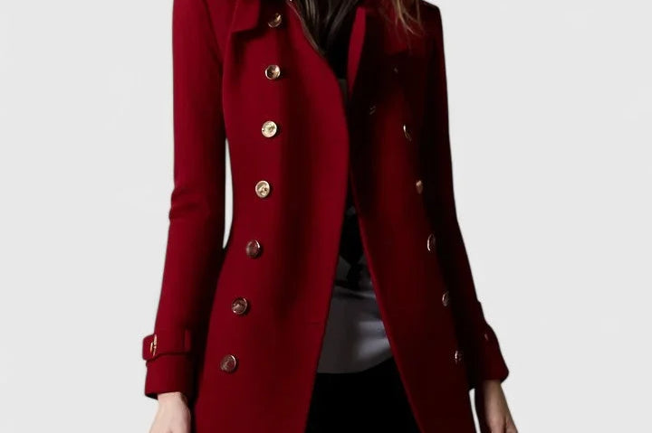Nille - Women's Double-Breasted Wool Coat with Epaulets - Red