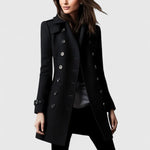 Nille - Women's Double-Breasted Wool Coat with Epaulets - Black