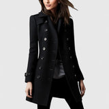 Nille - Women's Double-Breasted Wool Coat with Epaulets - Black
