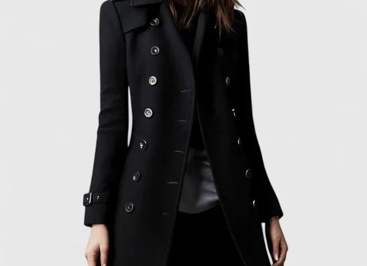 Nille - Women's Double-Breasted Wool Coat with Epaulets - Black