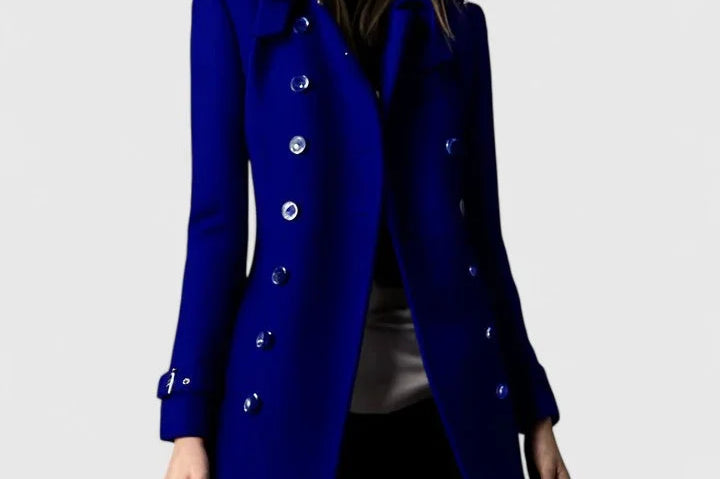 Nille - Women's Double-Breasted Wool Coat with Epaulets - Blue