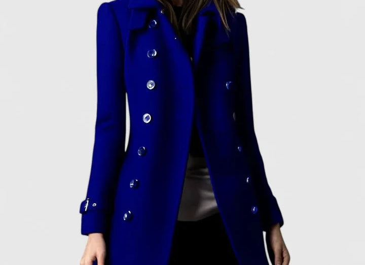 Nille - Women's Double-Breasted Wool Coat with Epaulets - Blue