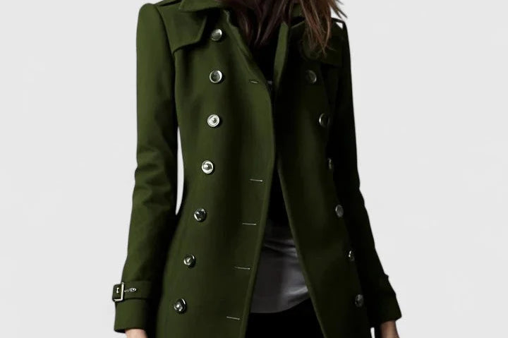 Nille - Women's Double-Breasted Wool Coat with Epaulets - Green