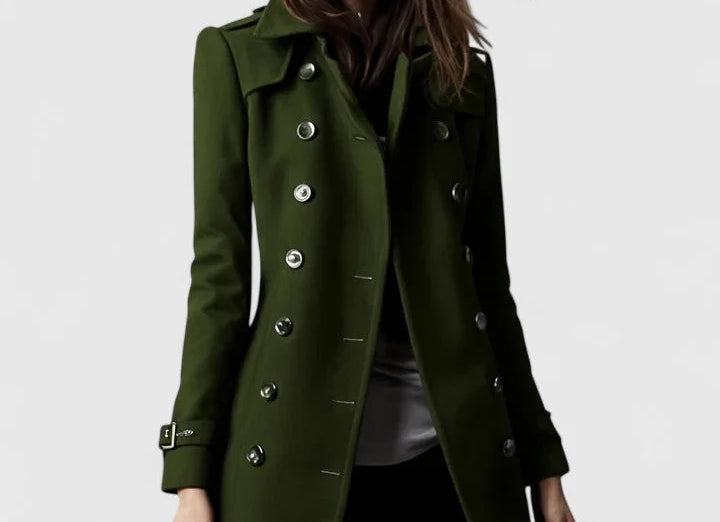 Nille - Women's Double-Breasted Wool Coat with Epaulets - Green