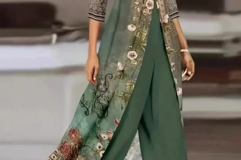 Nuala - Women's Two-Piece Set with Printed Long Duster and Trousers - Green