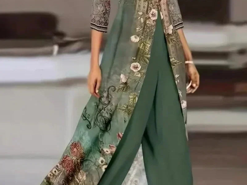 Nuala - Women's Two-Piece Set with Printed Long Duster and Trousers - Green