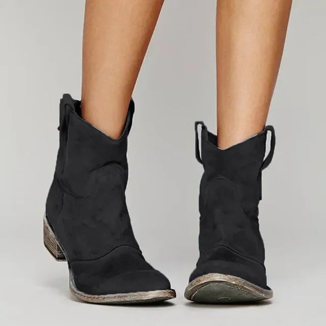 Oda - Women's Suede Block Heel Cowboy Ankle Boots - Black