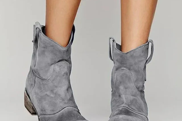 Oda - Women's Suede Block Heel Cowboy Ankle Boots - Gray