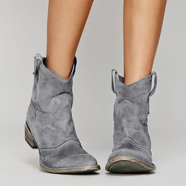 Oda - Women's Suede Block Heel Cowboy Ankle Boots - Gray