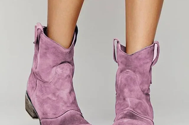 Oda - Women's Suede Block Heel Cowboy Ankle Boots - Pink