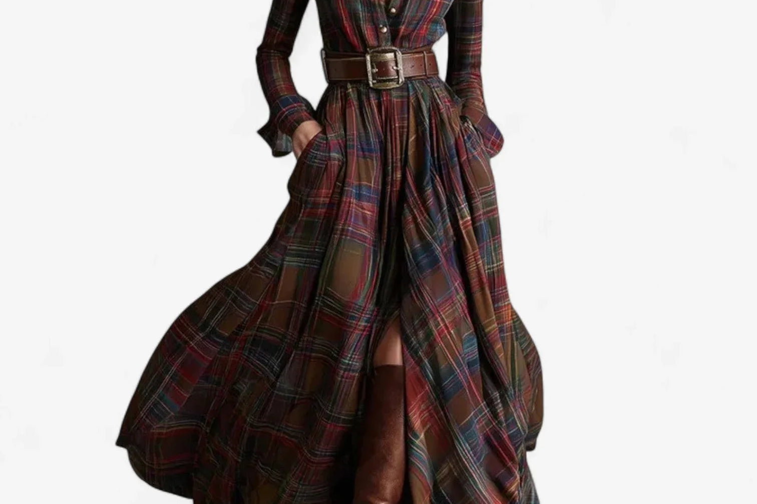 Oona - Women's Plaid Flannel Belted Shirt Maxi Dress - Red