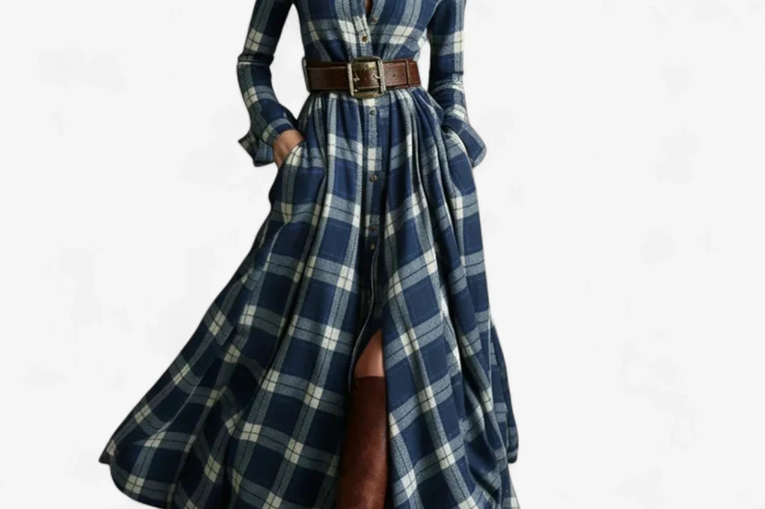 Oona - Women's Plaid Flannel Belted Shirt Maxi Dress - Blue