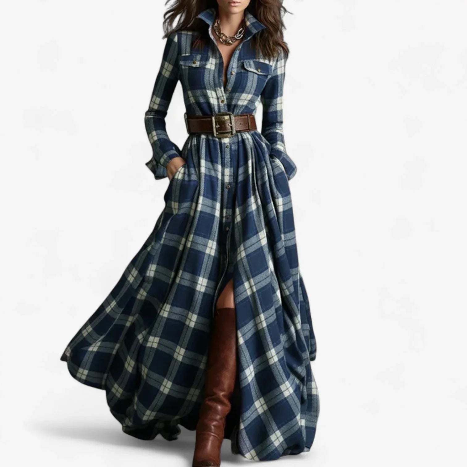 Oona - Women's Plaid Flannel Belted Shirt Maxi Dress - Blue