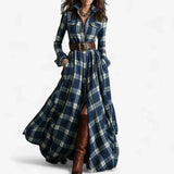 Oona - Women's Plaid Flannel Belted Shirt Maxi Dress - Blue