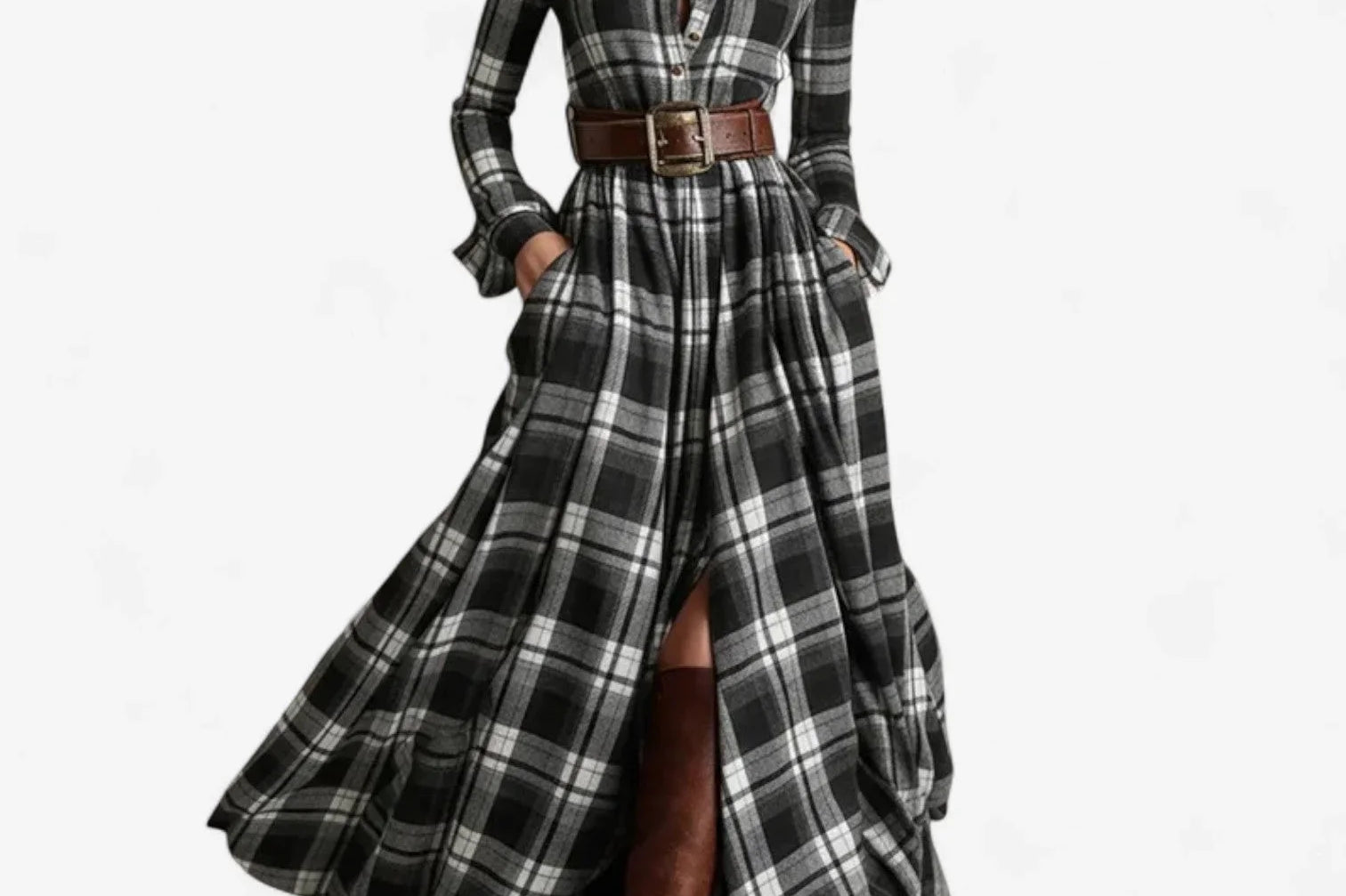Oona - Women's Plaid Flannel Belted Shirt Maxi Dress - Black