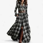 Oona - Women's Plaid Flannel Belted Shirt Maxi Dress - Black