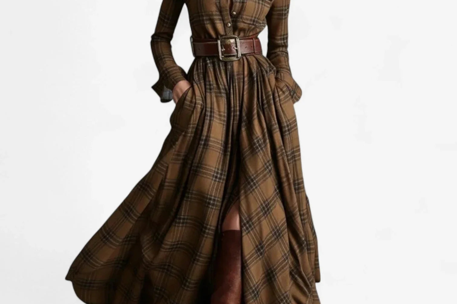 Oona - Women's Plaid Flannel Belted Shirt Maxi Dress - Brown