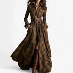 Oona - Women's Plaid Flannel Belted Shirt Maxi Dress - Brown