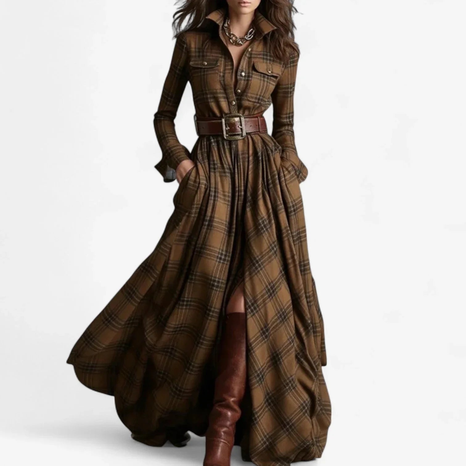 Oona - Women's Plaid Flannel Belted Shirt Maxi Dress - Brown