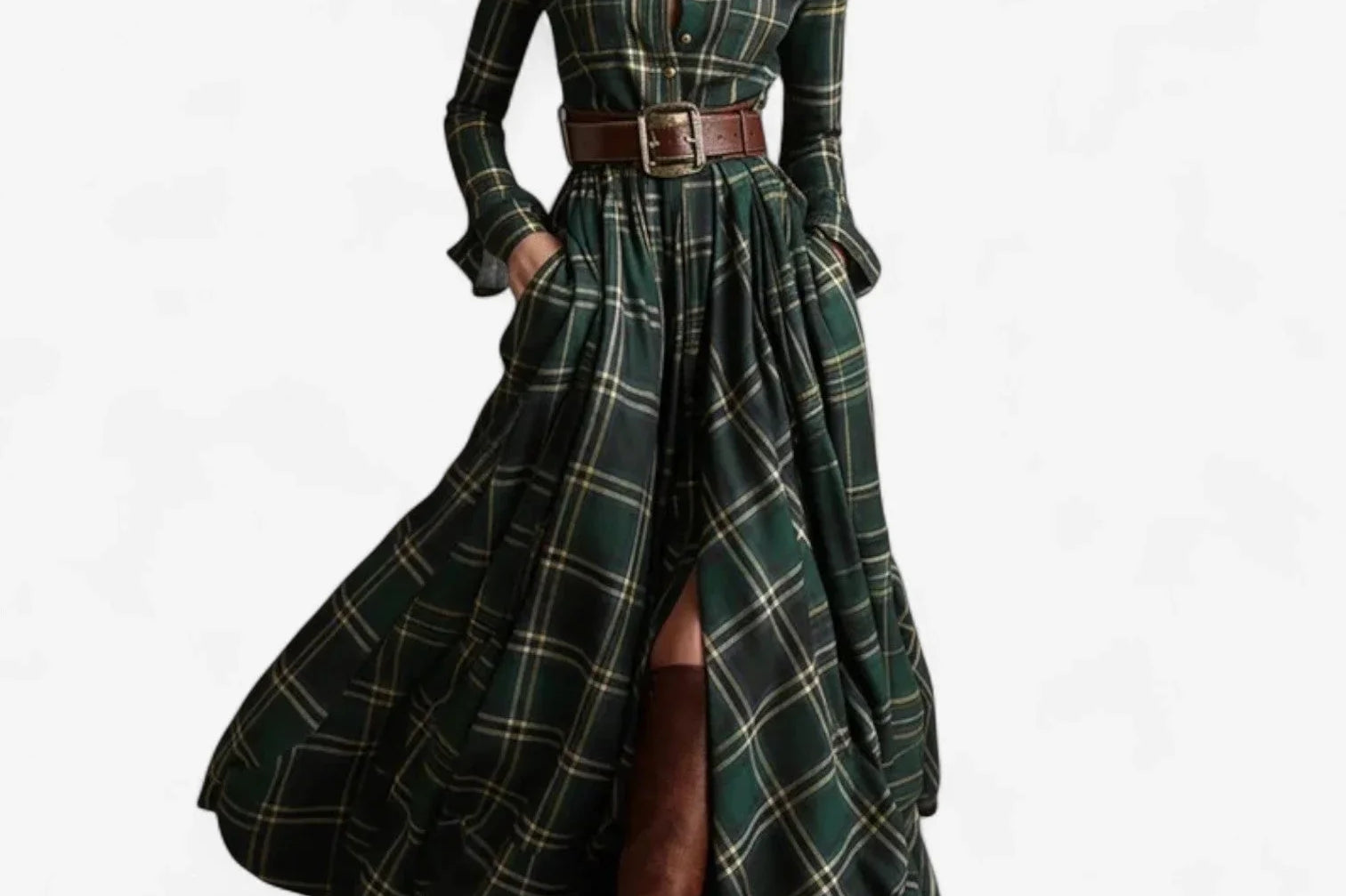 Oona - Women's Plaid Flannel Belted Shirt Maxi Dress - Green