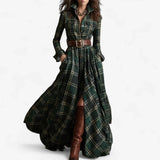 Oona - Women's Plaid Flannel Belted Shirt Maxi Dress - Green