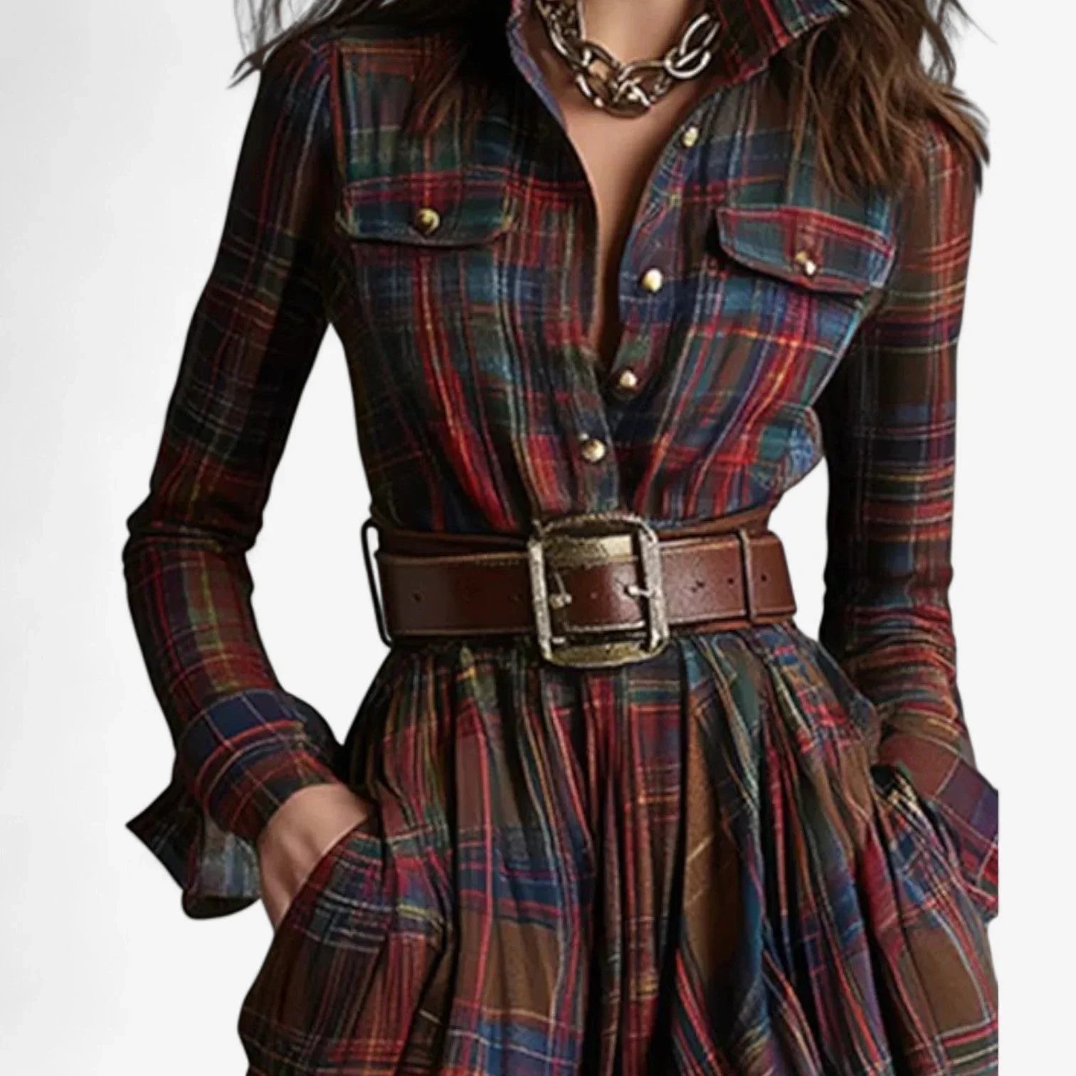 Oona - Women's Plaid Flannel Belted Shirt Maxi Dress